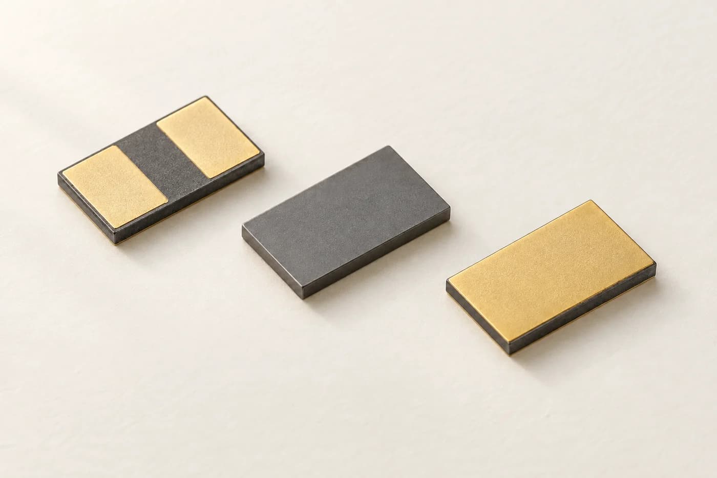Three thin diamond heat spreaders with plain and gold-metallized surfaces