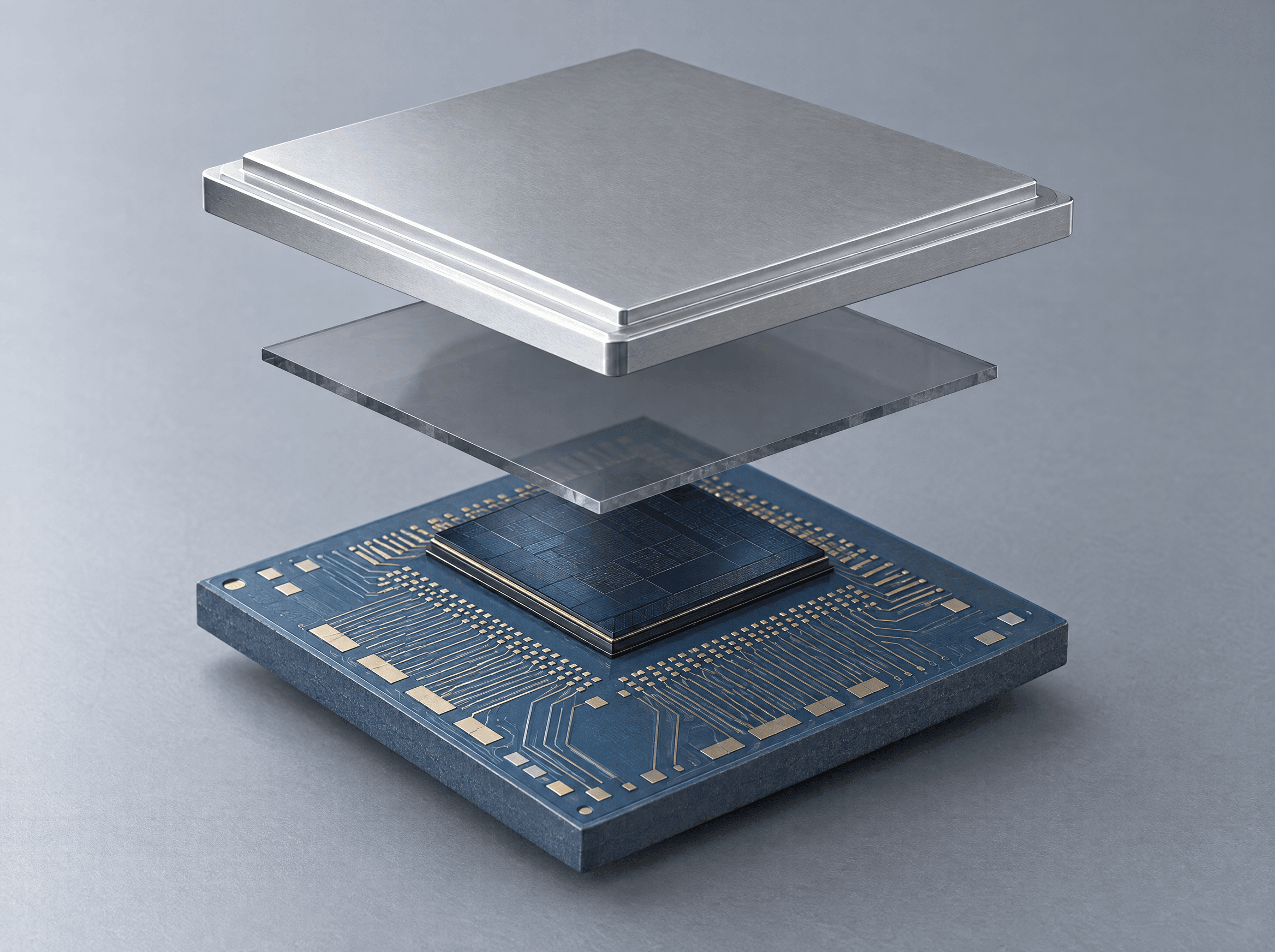 Concept illustration: a heat-spreader lid and diamond plate above a silicon die and semiconductor substrate